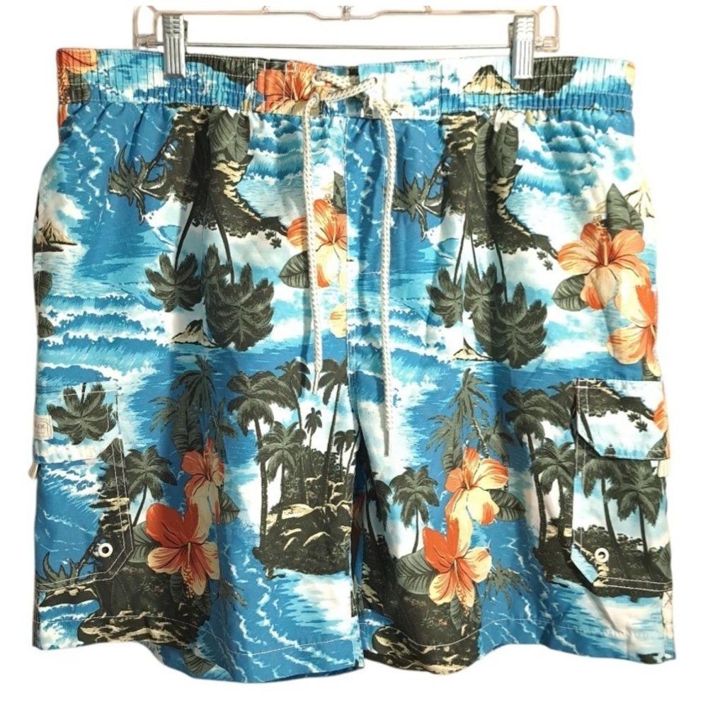 Caribbean Joe Men's Swim Trunks XL/EG‎ Brief Bathing Tropical Palm Trees Pockets